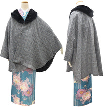 画像をギャラリービューアに読み込む, 着物 コート 冬 ケープコート 4色 薄グレー チェック ブラック ベージュ 冬用 コート ポンチョ ウール混 着物コート へちま衿 ファー取り外し可能 和装 和服