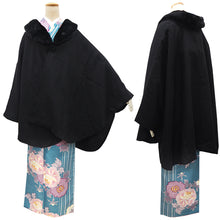 画像をギャラリービューアに読み込む, 着物 コート 冬 ケープコート 4色 薄グレー チェック ブラック ベージュ 冬用 コート ポンチョ ウール混 着物コート へちま衿 ファー取り外し可能 和装 和服