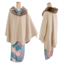 画像をギャラリービューアに読み込む, 着物 コート 冬 ケープコート 4色 薄グレー チェック ブラック ベージュ 冬用 コート ポンチョ ウール混 着物コート へちま衿 ファー取り外し可能 和装 和服