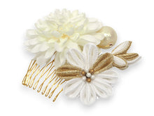 画像をギャラリービューアに読み込む, 髪飾り マム ダリア つまみ細工 パール ホワイト ゴールド ピンク 菊 浴衣・着物・振袖まで使えるヘアアクセサリー