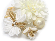 画像をギャラリービューアに読み込む, 髪飾り マム ダリア つまみ細工 パール ホワイト ゴールド ピンク 菊 浴衣・着物・振袖まで使えるヘアアクセサリー