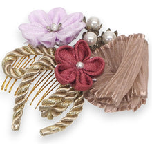 画像をギャラリービューアに読み込む, 髪飾り つまみ細工 紐 ロープ リボン パール ホワイト ゴールド パープル 濃ピンク スモーキーピンク 菊 梅 浴衣・着物・振袖まで使えるヘアアクセサリー