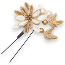 画像をギャラリービューアに読み込む, 髪飾り つまみ細工 パール ホワイト ゴールド ブルー マム 菊 浴衣・着物・振袖まで使えるヘアアクセサリー