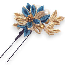 画像をギャラリービューアに読み込む, 髪飾り つまみ細工 パール ホワイト ゴールド ブルー マム 菊 浴衣・着物・振袖まで使えるヘアアクセサリー