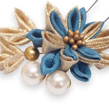画像をギャラリービューアに読み込む, 髪飾り つまみ細工 パール ホワイト ゴールド ブルー マム 菊 浴衣・着物・振袖まで使えるヘアアクセサリー