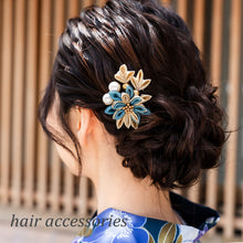 画像をギャラリービューアに読み込む, 髪飾り つまみ細工 パール ホワイト ゴールド ブルー マム 菊 浴衣・着物・振袖まで使えるヘアアクセサリー