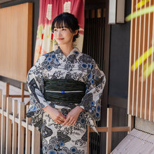 画像をギャラリービューアに読み込む, 浴衣 単品 レディース 菊 萩 紺 黒 変わり織 フリーサイズ 自分でコーディネートしたい 手持ちの帯と合わせたい方に