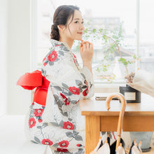 画像をギャラリービューアに読み込む, 浴衣 単品 レディース 椿 オフホワイト地 赤 単品 フリーサイズ 自分でコーディネートしたい 手持ちの帯と合わせたい方に