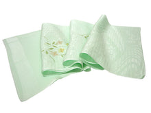 画像をギャラリービューアに読み込む, 帯揚げ 帯締め セット 夏用 正絹 カジュアル 平組 黄緑地 流水柄 桔梗 帯あげ 渋黄緑×白 レース 帯〆 絽目の透け感が涼し気 夏着物に