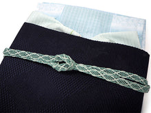 画像をギャラリービューアに読み込む, 洗える夏着物 4点セット Mサイズ 水色地 市松 桜柄 きもの 紺 菱 花 名古屋帯 正絹帯揚げ帯締め コーディネートの不安解消 お仕立て済みなので届いたらすぐにおでかけ