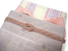 画像をギャラリービューアに読み込む, 洗える夏着物 4点セット Mサイズ 白地 縞 雪花柄 きもの 渋紫 ドット 名古屋帯 正絹帯揚げ帯締め コーディネートの不安解消 お仕立て済みなので届いたらすぐにおでかけ