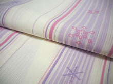 画像をギャラリービューアに読み込む, 洗える夏着物 4点セット Mサイズ 白地 縞 雪花柄 きもの 渋紫 ドット 名古屋帯 正絹帯揚げ帯締め コーディネートの不安解消 お仕立て済みなので届いたらすぐにおでかけ