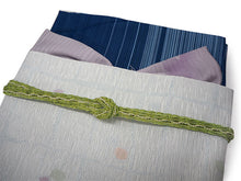 画像をギャラリービューアに読み込む, 洗える夏着物 4点セット Mサイズ 渋青地 縞柄 きもの 淡い水色 格子 名古屋帯 正絹帯揚げ帯締め コーディネートの不安解消 お仕立て済みなので届いたらすぐにおでかけ