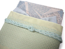 画像をギャラリービューアに読み込む, 洗える夏着物 4点セット Lサイズ オフホワイト 裂取 唐草 青海波 きもの 黄緑 花繋ぎ柄 名古屋帯 正絹帯揚げ帯締め コーディネートの不安解消 お仕立て済みなので届いたらすぐにおでかけ