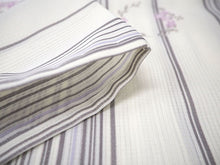 画像をギャラリービューアに読み込む, 夏着物 洗える 単品 レディース 紗 M 白地 グレー 縞 花の丸 仕立て上がりだから届いたらすぐ着れる 自宅で洗濯できてメンテナンスが楽