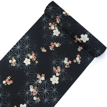 画像をギャラリービューアに読み込む, 洗える着物 反物のみ ポリエステル レディース 女性 小紋 着物 黒地破れ麻の葉に桜柄 袷・単衣の着物にも羽織・コートにもお仕立て可能