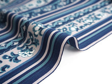 画像をギャラリービューアに読み込む, 洗える着物 反物のみ ポリエステル レディース 女性 小紋 着物 青地縞に花唐草柄 袷・単衣の着物にも羽織・コートにもお仕立て可能