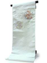 画像をギャラリービューアに読み込む, 名古屋帯 単品 正絹 九寸 白 雪輪 桜 なごや帯 お太鼓柄 カジュアル 西陣織 株式会社辻梅機業店謹製 証紙付き お仕立てをしてお届け