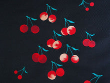 画像をギャラリービューアに読み込む, 名古屋帯 単品 正絹 九寸 黒 サクランボ なごや帯 お太鼓柄 カジュアル 西陣織 株式会社辻梅機業店謹製 証紙付き お仕立てをしてお届け