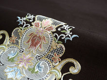 画像をギャラリービューアに読み込む, 名古屋帯 単品 正絹 九寸 こげ茶 花 レース 刺繍 なごや帯 お太鼓柄 カジュアル 西陣織 川端有限会社謹製 お仕立てをしてお届け