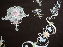 画像をギャラリービューアに読み込む, 名古屋帯 単品 正絹 九寸 こげ茶 花 レース 刺繍 なごや帯 お太鼓柄 カジュアル 西陣織 川端有限会社謹製 お仕立てをしてお届け