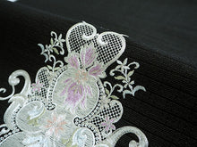 画像をギャラリービューアに読み込む, 名古屋帯 単品 正絹 九寸 黒 花 レース 刺繍 なごや帯 お太鼓柄 カジュアル 西陣織 川端有限会社謹製 お仕立てをしてお届け