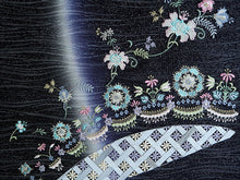 画像をギャラリービューアに読み込む, 名古屋帯 単品 正絹 九寸 黒×紫ぼかし 花 レース 刺繍 なごや帯 お太鼓柄 カジュアル 西陣織 川端有限会社謹製 お仕立てをしてお届け