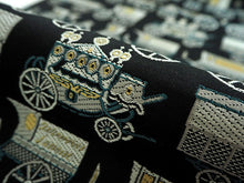 画像をギャラリービューアに読み込む, 袋帯 正絹 六通柄 未使用 仕立て付き 仁衛門謹製 証紙付 黒 レトロ 乗り物 馬車 イベント・パーティーに