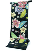 画像をギャラリービューアに読み込む, 袋帯 正絹 六通柄 未使用 仕立て付き 西陣織 着物愛好者にファンが多い帯屋捨松謹製 証紙付 黒 花 ふくろ帯 女性 レディース