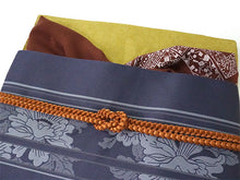 画像をギャラリービューアに読み込む, 洗える着物 コーディネート4点セット (着物・帯・帯揚げ・帯締め) 袷 L からし色 更紗柄 きもの 紺 花柄 縞 帯
