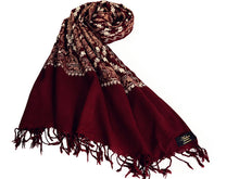画像をギャラリービューアに読み込む, ストール ワインレッド地 ブラウン ベージュ 更紗柄 ウール 刺繍 フリーサイズ 大判 秋冬に さっと羽織るだけで華やか 着物や羽織・コートの上に ギフトにも