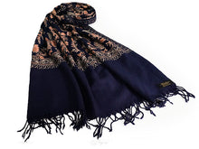画像をギャラリービューアに読み込む, ストール 濃紺地 グレー 更紗柄 ウール 刺繍 フリーサイズ 大判 秋冬に さっと羽織るだけで華やか 着物や羽織・コートの上に ギフトにも