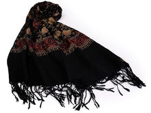 画像をギャラリービューアに読み込む, ストール 黒 赤金 茶金 更紗柄 ウール 刺繍 フリーサイズ 大判 秋冬に さっと羽織るだけで華やか 着物や羽織・コートの上に ギフトにも
