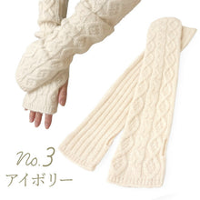 画像をギャラリービューアに読み込む, アームウォーマー アームカバー ニット ケーブル編み ロング 指穴 全3色 グレー ブラウン アイボリー 秋冬 和装 着物 あったか 冷え対策 レディース