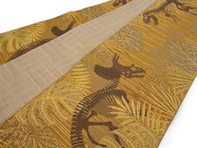 画像をギャラリービューアに読み込む, 半幅帯 単品 渋イエロー 恐竜 ベージュ 網代柄 長尺だから帯結びアレンジを楽しめる 日本製 細帯