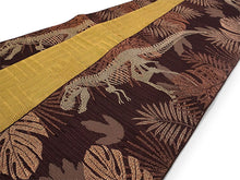 画像をギャラリービューアに読み込む, 半幅帯 単品 ブラウン 恐竜 渋イエロー 網代柄 長尺だから帯結びアレンジを楽しめる 日本製 細帯