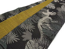 画像をギャラリービューアに読み込む, 半幅帯 単品 ブラック 恐竜 渋イエロー 網代柄 長尺だから帯結びアレンジを楽しめる 日本製 細帯