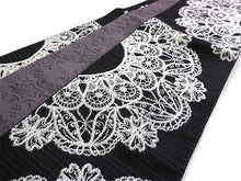 画像をギャラリービューアに読み込む, 半幅帯 単品 ブラック レース柄 渋パープル 雪花 長尺だから帯結びアレンジを楽しめる 日本製 細帯