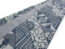 画像をギャラリービューアに読み込む, 半幅帯 単品 ライトブルー ねこ 幾何学 グレー 菊 長尺だから帯結びアレンジを楽しめる 日本製 細帯