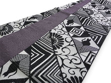 画像をギャラリービューアに読み込む, 半幅帯 単品 ブラック ねこ 幾何学 渋パープル 菊 長尺だから帯結びアレンジを楽しめる 日本製 細帯