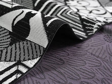 画像をギャラリービューアに読み込む, 半幅帯 単品 ブラック ねこ 幾何学 渋パープル 菊 長尺だから帯結びアレンジを楽しめる 日本製 細帯