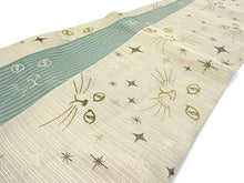 画像をギャラリービューアに読み込む, 半幅帯 単品 ベージュ ねこ グリーン 猫 長尺だから帯結びアレンジを楽しめる 日本製 細帯