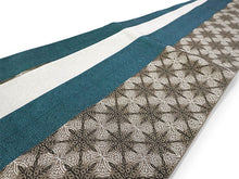 画像をギャラリービューアに読み込む, 半幅帯 単品 青緑×ブラウン オリエンタル柄 アイボリー 幾何学 長尺だから帯結びアレンジを楽しめる 日本製 細帯