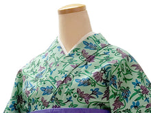 画像をギャラリービューアに読み込む, 洗える夏着物 浴衣 単品 グリーン 唐草 Mサイズ モダンで可愛い紅型 沖縄発ブランド・ブランジュジュのお洒落な小紋夏きもの 東レセオアルファの洗えるポリエステル素材 すぐ着られるお仕立て上がり 夏にぴったりなカジュアル単衣