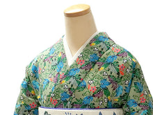 画像をギャラリービューアに読み込む, 洗える夏着物 浴衣 単品 グリーン ゴーヤ Mサイズ モダンで可愛い紅型 沖縄発ブランド・ブランジュジュのお洒落な小紋夏きもの 東レセオアルファの洗えるポリエステル素材 すぐ着られるお仕立て上がり 夏にぴったりなカジュアル単衣