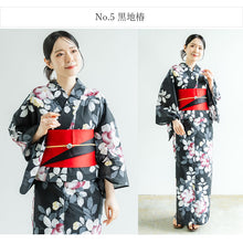 画像をギャラリービューアに読み込む, 浴衣セット レディース 浴衣 半幅帯 下駄 3点 セット 全10柄 白地 紺地 黒地 椿 菊 紫陽花 大人 可愛い おしゃれ 花火夏応援SALE大会 夏祭り