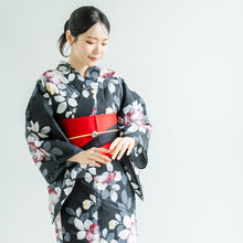 画像をギャラリービューアに読み込む, 浴衣セット レディース 浴衣 半幅帯 下駄 3点 セット 全10柄 白地 紺地 黒地 椿 菊 紫陽花 大人 可愛い おしゃれ 花火夏応援SALE大会 夏祭り