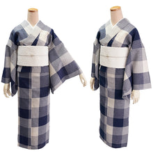 画像をギャラリービューアに読み込む, 綿麻きもの 浴衣 単品 しじら織 ネイビー オフホワイト 格子 チェック Lサイズ お仕立て上がり レディース 夏着物 ゆかた プレタ 変わり織り カジュアル 夏 きもの 和服 和装