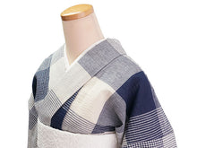 画像をギャラリービューアに読み込む, 綿麻きもの 浴衣 単品 しじら織 ネイビー オフホワイト 格子 チェック Lサイズ お仕立て上がり レディース 夏着物 ゆかた プレタ 変わり織り カジュアル 夏 きもの 和服 和装