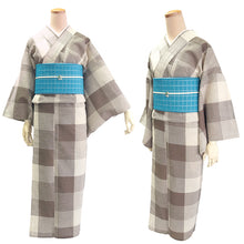 画像をギャラリービューアに読み込む, 綿麻 着物 浴衣 単品 しじら織 ブラウン オフホワイト 格子 チェック Mサイズ お仕立て上がり レディース 夏着物 ゆかた プレタ 変わり織り カジュアル 夏 きもの 和服 和装